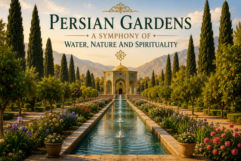 Persian garden featuring a long reflecting pool, flowing water channels, cypress-lined pathways, flowering beds, and an ornate pavilion, illustrating the harmony of water, nature, and spirituality at the heart of the Persian garden tradition.