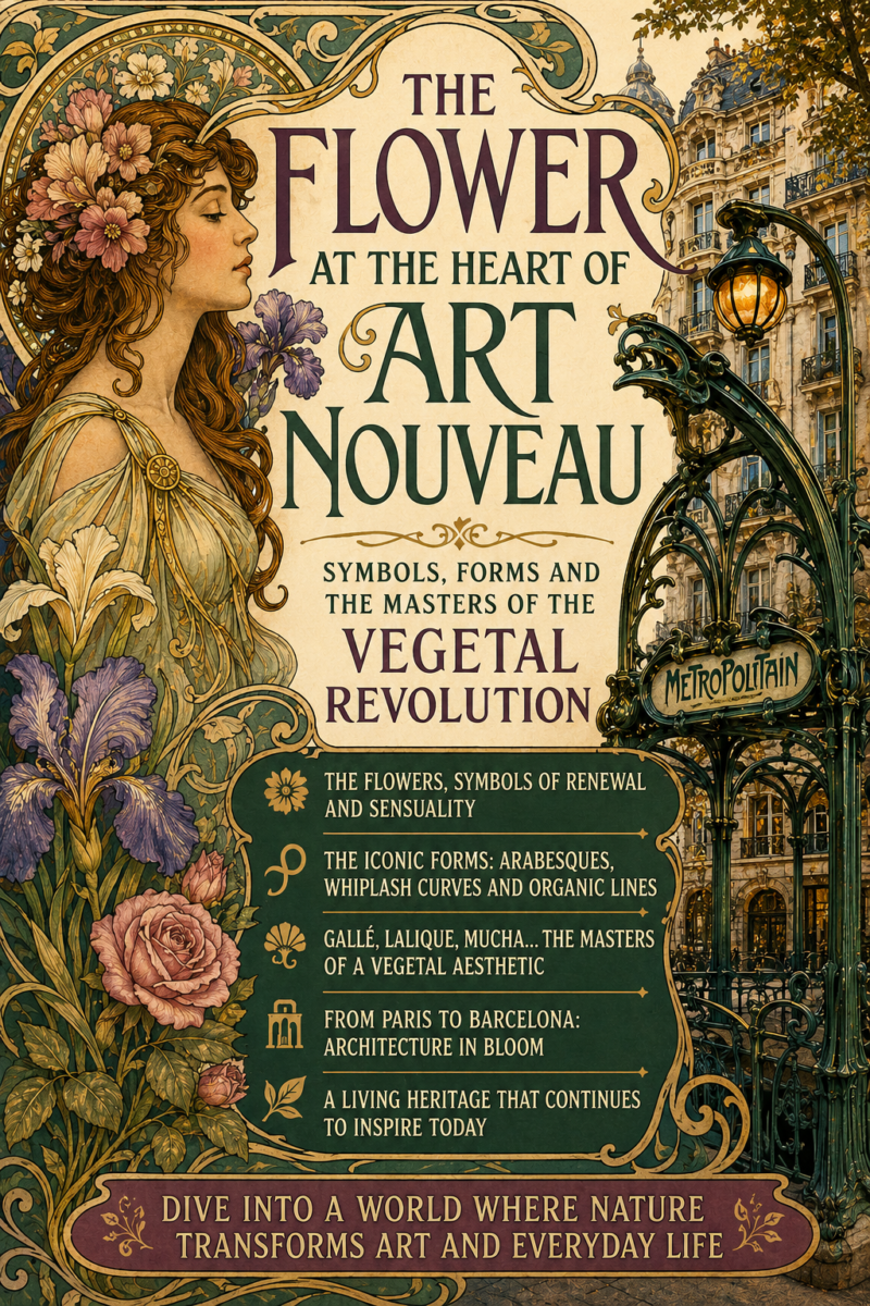Art Nouveau illustration featuring irises, lilies, roses, flowing botanical arabesques, a Mucha-inspired female figure, and a Guimard-style Paris Métro entrance, symbolizing the floral forms and masters of the Art Nouveau movement.