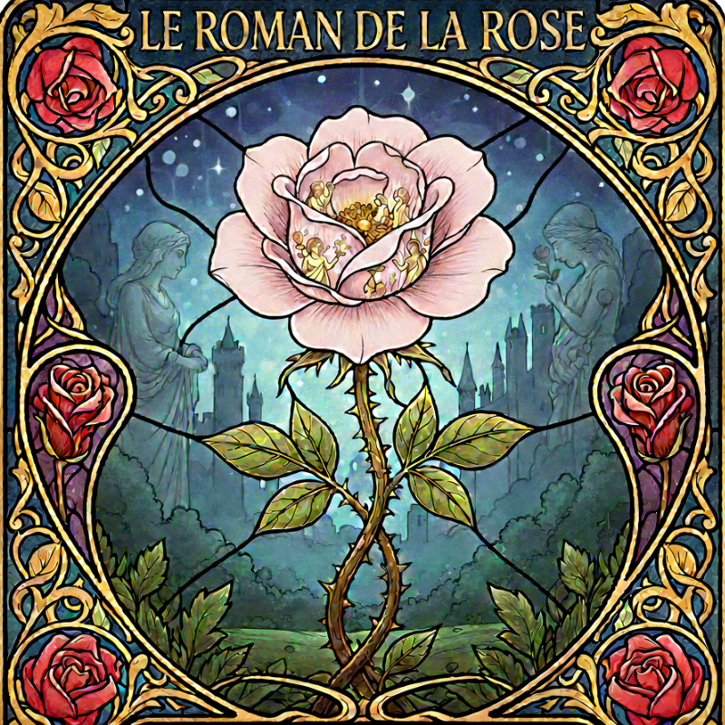Enluminure stylisée représentant une rose mystique entourée d'épines entrelacées et d'arabesques dorées, évoquant un manuscrit médiéval sacré.