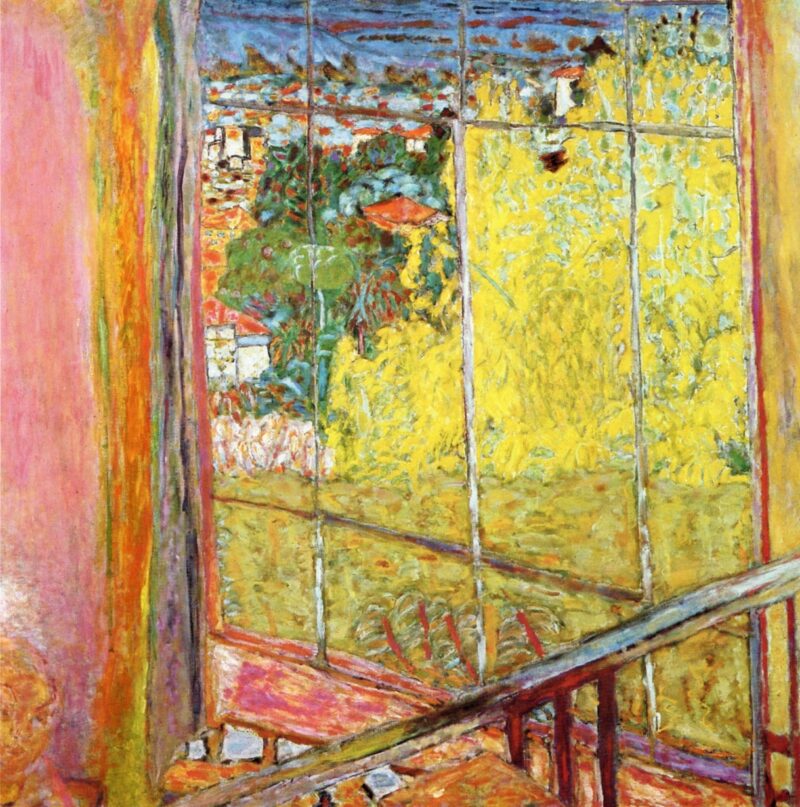 Peinture de Pierre Bonnard, L'Atelier au mimosa, montrant un arbre de mimosa jaune éclatant à travers une fenêtre, style post-impressionniste.