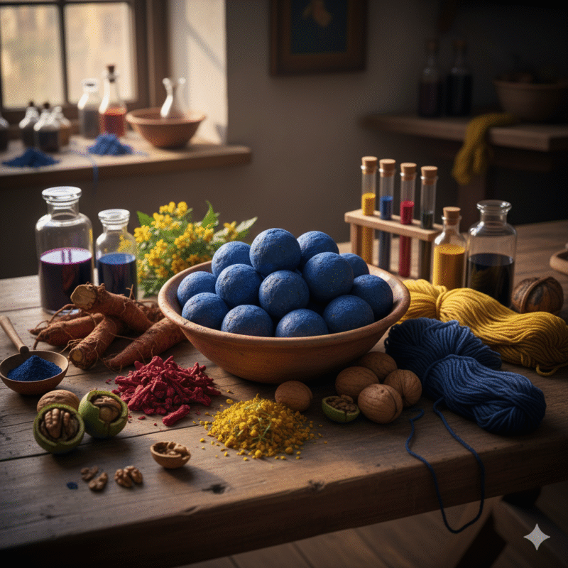 Nature morte dans un atelier de teinturier historique présentant des cocagnes de Pastel bleues dans un bol, des racines de Garance, des écheveaux de laine colorés et des poudres pigmentaires sur une table en bois.