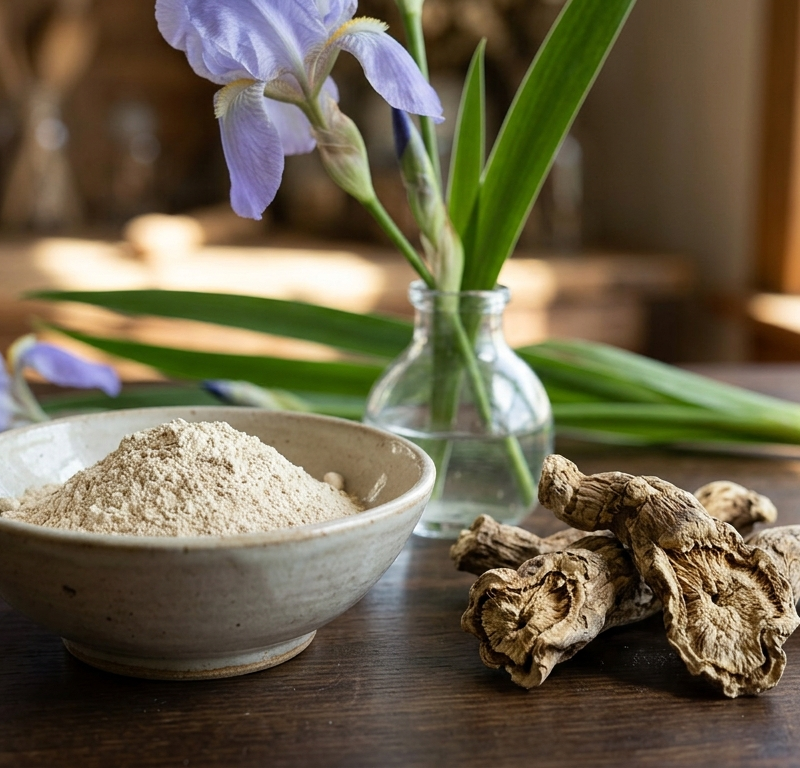 Une composition sur une table en bois montrant un bol de poudre beige clair, des racines d'iris séchées et un vase en verre contenant des iris violets frais en arrière-plan, le tout éclairé par une lumière naturelle.