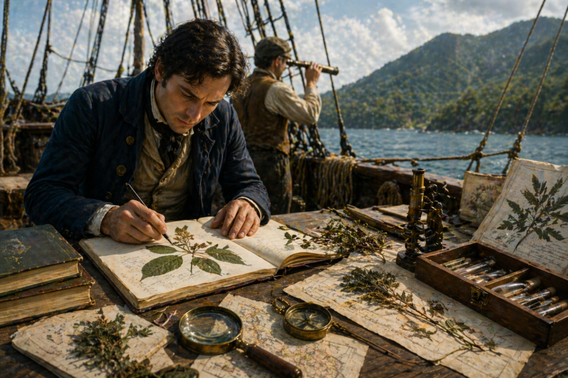 naturaliste dessinant des plantes dans un carnet sur le pont d’un navire lors d’une expédition botanique historique