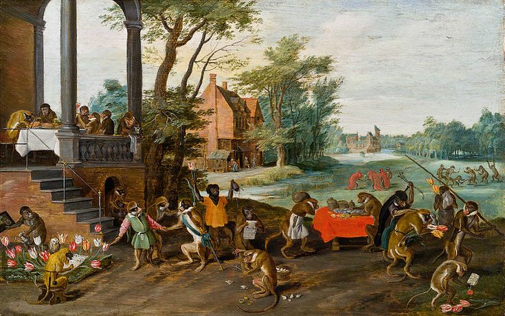 Peinture satirique de Jan Brueghel le Jeune représentant des singes parodiant les spéculateurs de tulipes durant l'Âge d'Or hollandais.