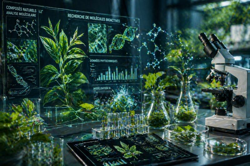 laboratoire de recherche avec intelligence artificielle analysant des plantes médicinales et des molécules naturelles