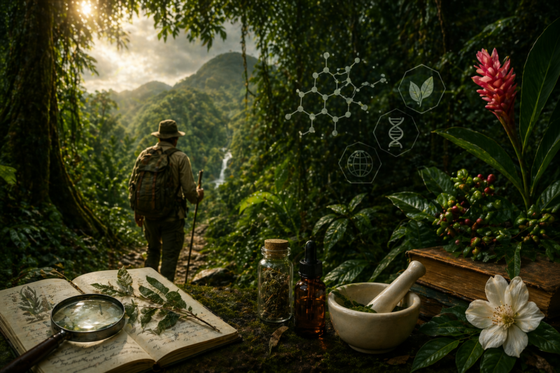 chasseur de plantes explorant une forêt tropicale pour la découverte de plantes médicinales et de molécules thérapeutiques