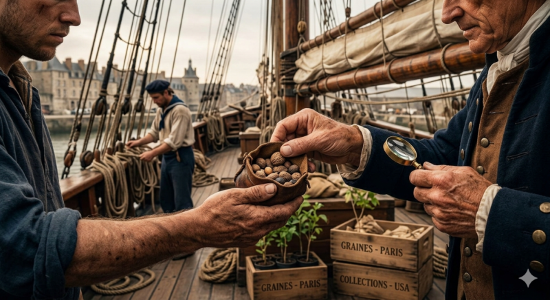 Scène historique sur le pont en bois d'un voilier du XVIIIe siècle. Un marin aux bras robustes tend une petite bourse en cuir remplie de graines à un savant en redingote qui examine les semences avec une loupe. À leurs pieds, des caisses en bois portent les inscriptions 'GRAINES - PARIS' et 'COLLECTIONS - USA'