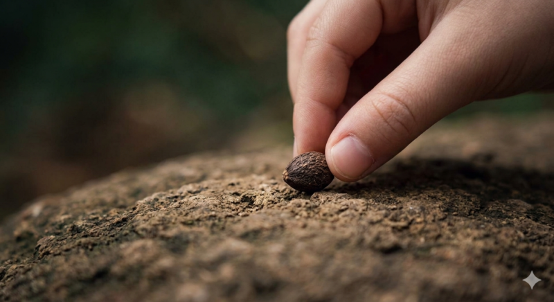 Gros plan sur une main humaine déposant une petite graine marron et sèche sur un sol de terre texturé, illustrant le concept de dormance biologique et de temps suspendu.