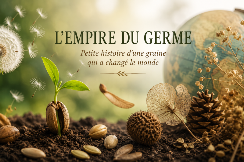 Jeune pousse sortant d’une graine au milieu de différentes semences et éléments botaniques, avec un fond naturel évoquant la biodiversité, le voyage des plantes et l’histoire des semences.