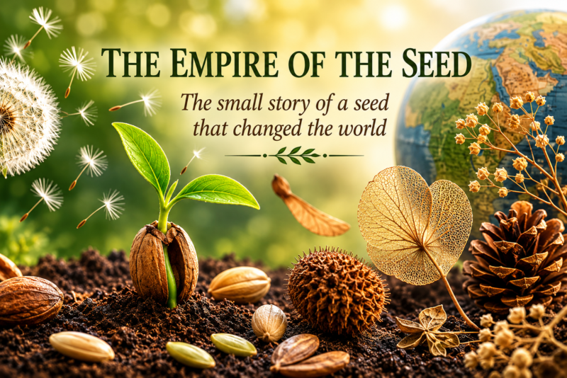 Cover illustration for "The Empire of Seeds": a sprouting seed emerging from soil surrounded by various seeds, seed pods, and a globe, symbolizing the history, dispersal, and global impact of seeds.