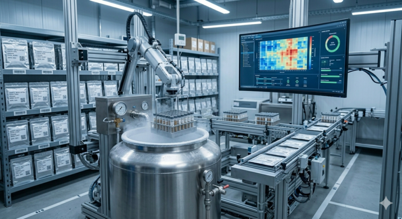 Photographie réaliste d'un laboratoire de cryopréservation de graines automatisé. Un bras robotique est positionné au-dessus d'un grand réservoir cryogénique en acier inoxydable d'où s'échappe de la vapeur froide. Des étagères d'archives remplies de paquets scellés et étiquetés sont visibles, ainsi qu'un écran de contrôle affichant une carte thermique et des données analytiques.