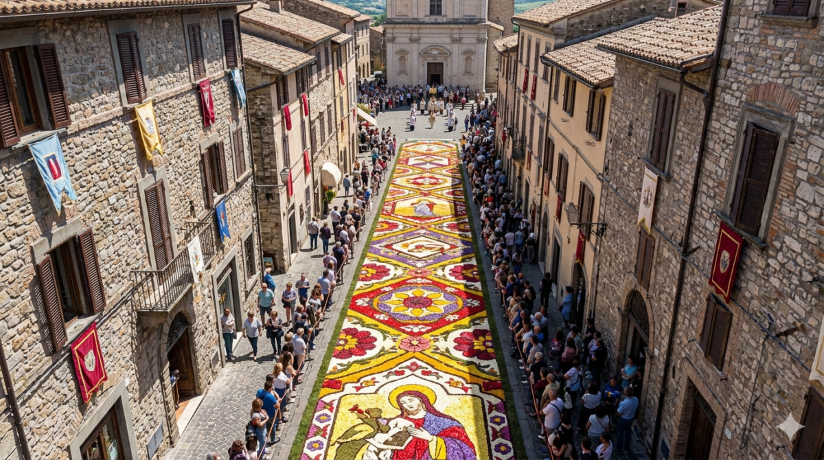 Infiorate italiennes dans une ruelle éclairée par le soleil. Spectateurs sur les côtés, maisons de pierre.