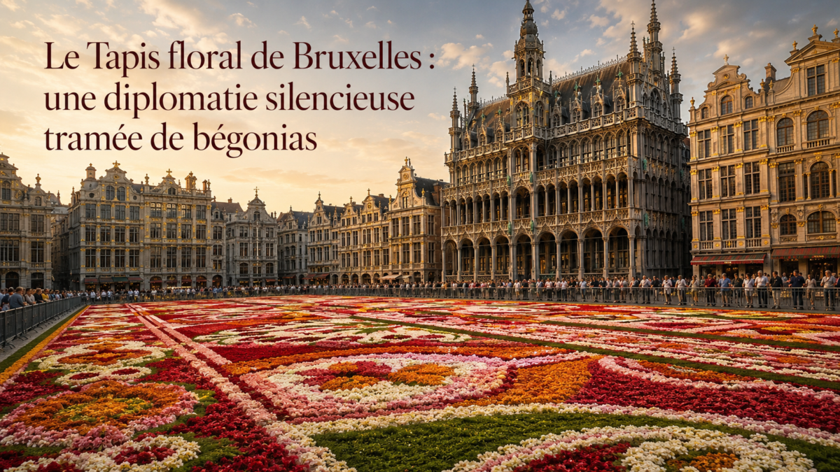 Tapis de fleurs de Bruxelles sur la Grand-Place avec bâtiments anciens et quelque spectateurs.