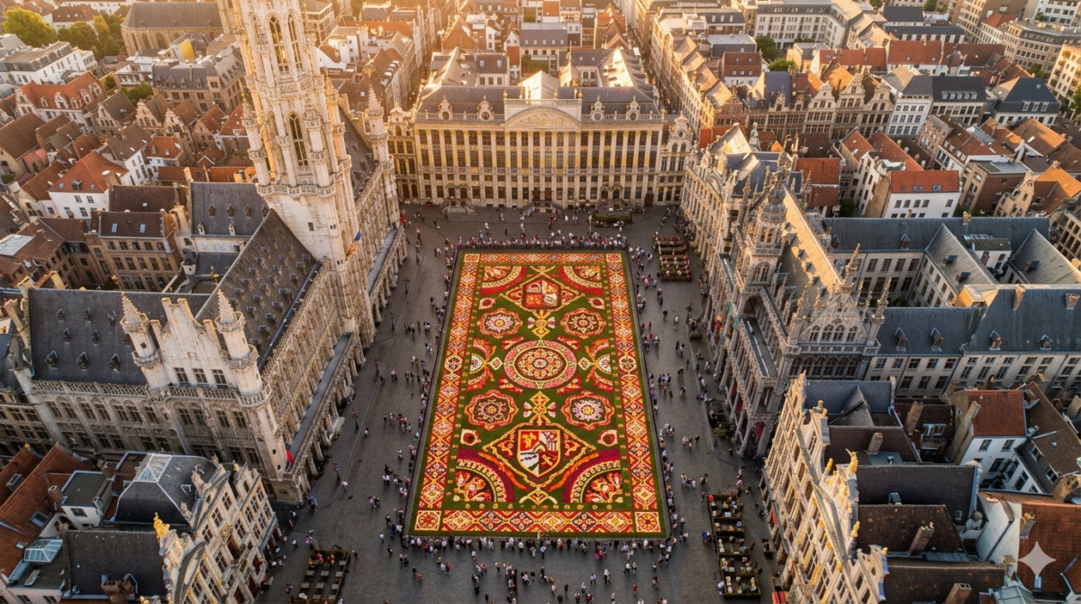 Aerial view of the Grand-Place Flower Carpet with historic buildings