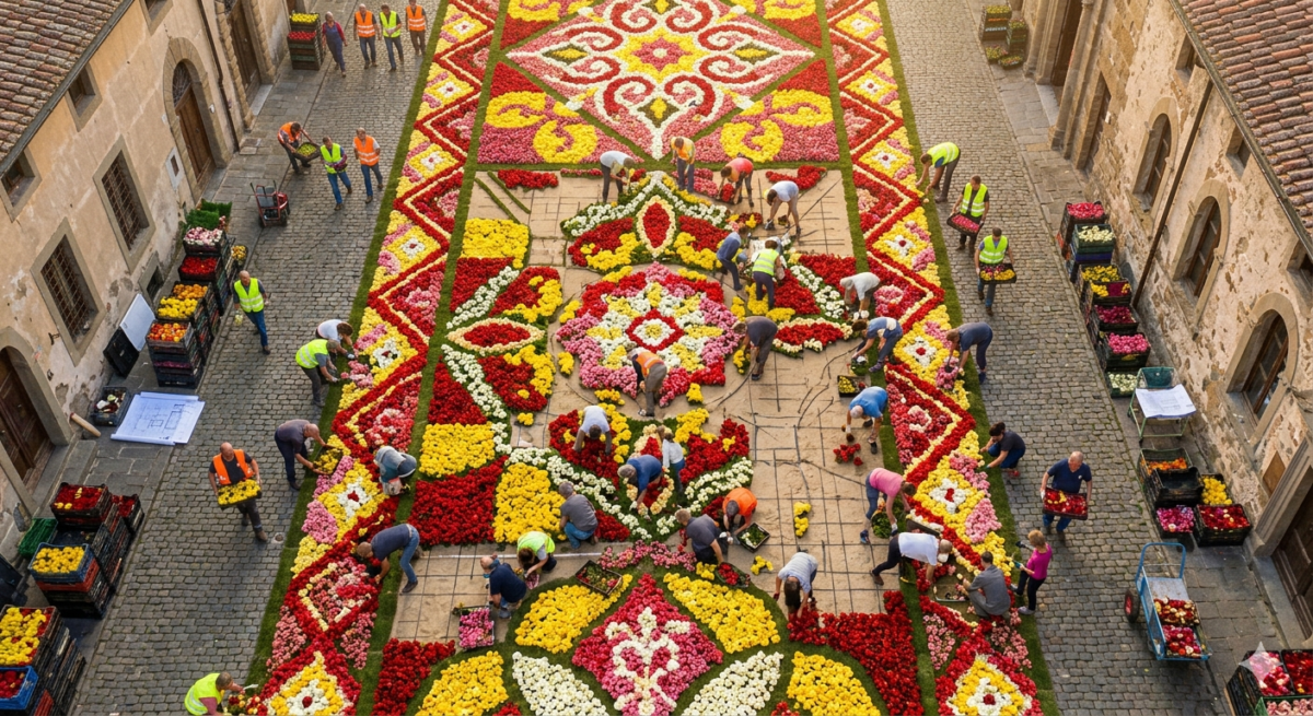 Tapis de fleurs avec les personnes qui travaillent à sa construction.